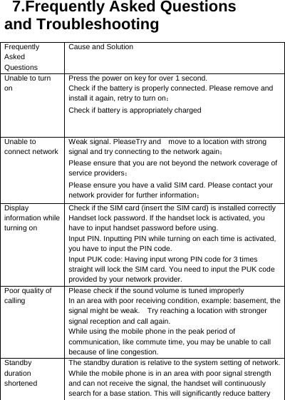       7.Frequently Asked Questions   and Troubleshooting Frequently Asked Questions Cause and Solution Unable to turn on Press the power on key for over 1 second. Check if the battery is properly connected. Please remove and install it again, retry to turn on； Check if battery is appropriately charged   Unable to connect network Weak signal. PleaseTry and    move to a location with strong signal and try connecting to the network again； Please ensure that you are not beyond the network coverage of service providers；  Please ensure you have a valid SIM card. Please contact your network provider for further information； Display information while turning on Check if the SIM card (insert the SIM card) is installed correctly Handset lock password. If the handset lock is activated, you have to input handset password before using. Input PIN. Inputting PIN while turning on each time is activated, you have to input the PIN code. Input PUK code: Having input wrong PIN code for 3 times straight will lock the SIM card. You need to input the PUK code provided by your network provider. Poor quality of calling Please check if the sound volume is tuned improperly   In an area with poor receiving condition, example: basement, the signal might be weak.    Try reaching a location with stronger signal reception and call again. While using the mobile phone in the peak period of communication, like commute time, you may be unable to call because of line congestion. Standby duration shortened The standby duration is relative to the system setting of network. While the mobile phone is in an area with poor signal strength and can not receive the signal, the handset will continuously search for a base station. This will significantly reduce battery 