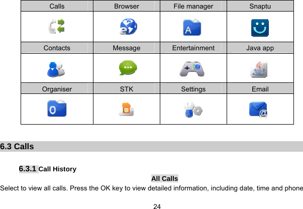   24 Calls   Browser  File manager  Snaptu     Contacts  Message   Entertainment  Java app     Organiser  STK  Settings  Email       6.3 Calls  6.3.1 Call History All Calls Select to view all calls. Press the OK key to view detailed information, including date, time and phone 