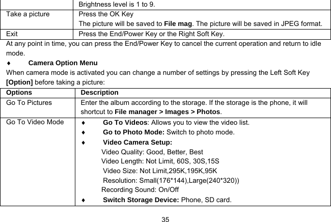   35Brightness level is 1 to 9. Take a picture Press the OK Key The picture will be saved to File mag. The picture will be saved in JPEG format. Exit  Press the End/Power Key or the Right Soft Key. At any point in time, you can press the End/Power Key to cancel the current operation and return to idle mode.  Camera Option Menu When camera mode is activated you can change a number of settings by pressing the Left Soft Key [Option] before taking a picture: Options  Description Go To Pictures  Enter the album according to the storage. If the storage is the phone, it will shortcut to File manager &gt; Images &gt; Photos. Go To Video Mode  Go To Videos: Allows you to view the video list.  Go to Photo Mode: Switch to photo mode.  Video Camera Setup:         Video Quality: Good, Better, Best Video Length: Not Limit, 60S, 30S,15S Video Size: Not Limit,295K,195K,95K Resolution: Small(176*144),Large(240*320)) Recording Sound: On/Off  Switch Storage Device: Phone, SD card. 