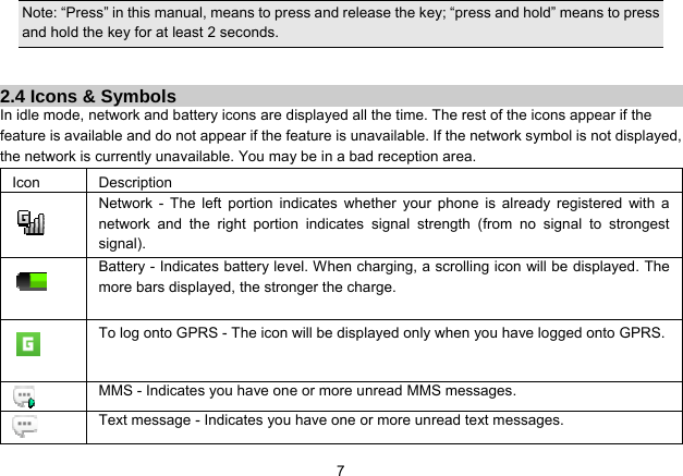   7Note: “Press” in this manual, means to press and release the key; “press and hold” means to press and hold the key for at least 2 seconds.  2.4 Icons &amp; Symbols In idle mode, network and battery icons are displayed all the time. The rest of the icons appear if the feature is available and do not appear if the feature is unavailable. If the network symbol is not displayed, the network is currently unavailable. You may be in a bad reception area.   Icon Description  Network - The left portion indicates whether your phone is already registered with a network and the right portion indicates signal strength (from no signal to strongest signal).  Battery - Indicates battery level. When charging, a scrolling icon will be displayed. The more bars displayed, the stronger the charge.  To log onto GPRS - The icon will be displayed only when you have logged onto GPRS.  MMS - Indicates you have one or more unread MMS messages.    Text message - Indicates you have one or more unread text messages. 