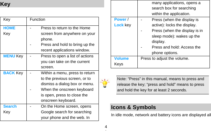   4Key  Key Function  HOME Key -  Press to return to the Home screen from anywhere on your phone. -  Press and hold to bring up the recent applications window. MENU Key -  Press to open a list of actions you can take on the current screen. BACK Key -  Within a menu, press to return to the previous screen, or to dismiss a dialog box or menu. -  When the onscreen keyboard is open, press to close the onscreen keyboard. Search Key -  On the Home screen, opens Google search for searching your phone and the web. In many applications, opens a search box for searching within the application. Power / Lock key -  Press (when the display is active): locks the display. -  Press (when the display is in sleep mode): wakes up the display. -  Press and hold: Access the phone options. Volume Keys Press to adjust the volume.  Note: “Press” in this manual, means to press and release the key; “press and hold” means to press and hold the key for at least 2 seconds.  Icons &amp; Symbols In idle mode, network and battery icons are displayed all 