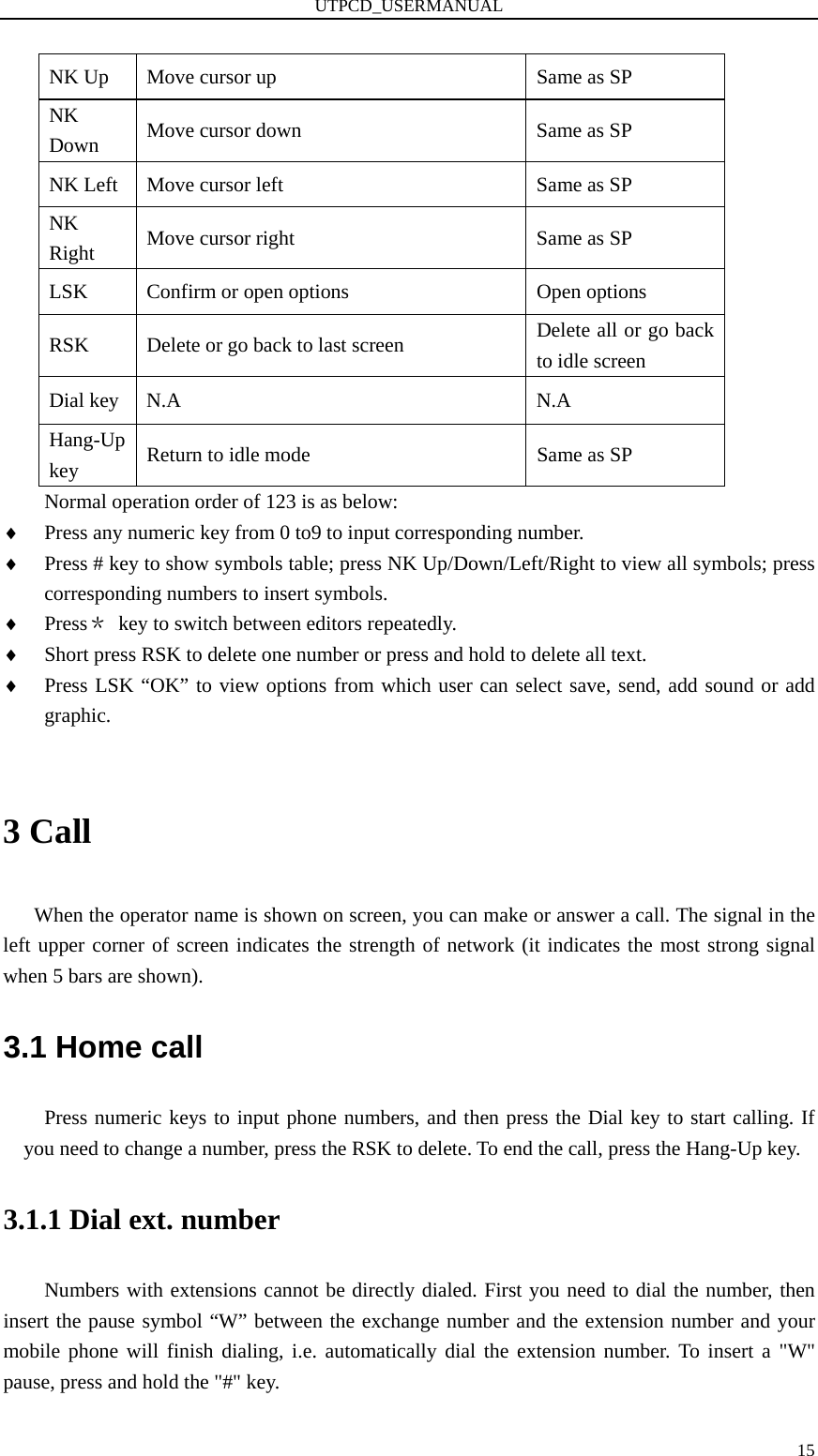 UTPCD_USERMANUAL   15NK Up  Move cursor up  Same as SP NK Down  Move cursor down  Same as SP NK Left  Move cursor left  Same as SP NK Right  Move cursor right  Same as SP LSK  Confirm or open options  Open options RSK  Delete or go back to last screen  Delete all or go back to idle screen Dial key  N.A  N.A Hang-Up key  Return to idle mode  Same as SP Normal operation order of 123 is as below: ♦ Press any numeric key from 0 to9 to input corresponding number. ♦ Press # key to show symbols table; press NK Up/Down/Left/Right to view all symbols; press corresponding numbers to insert symbols. ♦ Press＊  key to switch between editors repeatedly. ♦ Short press RSK to delete one number or press and hold to delete all text. ♦ Press LSK “OK” to view options from which user can select save, send, add sound or add graphic.  3 Call When the operator name is shown on screen, you can make or answer a call. The signal in the left upper corner of screen indicates the strength of network (it indicates the most strong signal when 5 bars are shown). 3.1 Home call Press numeric keys to input phone numbers, and then press the Dial key to start calling. If you need to change a number, press the RSK to delete. To end the call, press the Hang-Up key. 3.1.1 Dial ext. number Numbers with extensions cannot be directly dialed. First you need to dial the number, then insert the pause symbol “W” between the exchange number and the extension number and your mobile phone will finish dialing, i.e. automatically dial the extension number. To insert a &quot;W&quot; pause, press and hold the &quot;#&quot; key.   