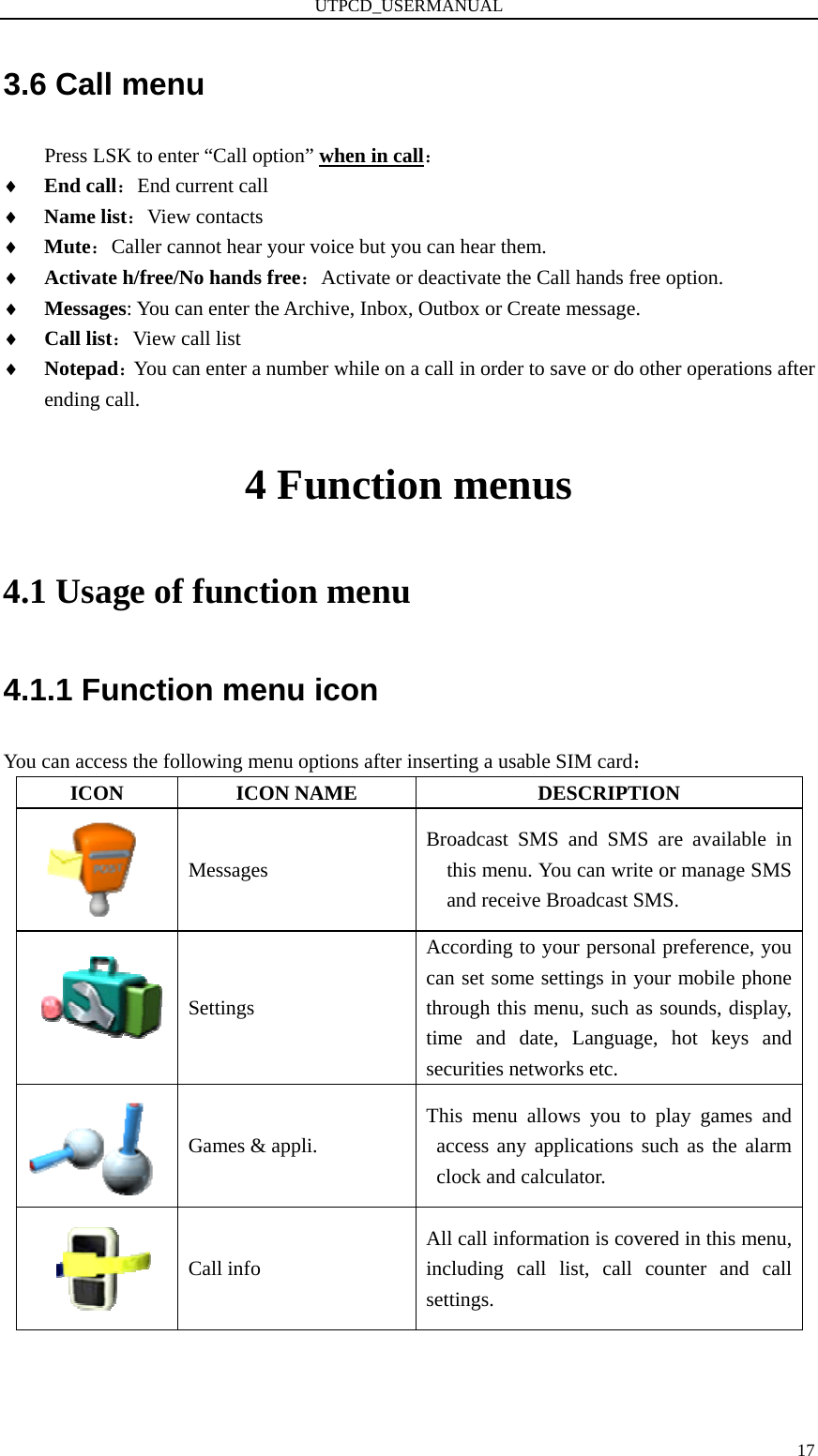 UTPCD_USERMANUAL   173.6 Call menu Press LSK to enter “Call option” when in call： ♦ End call：End current call ♦ Name list：View contacts ♦ Mute：Caller cannot hear your voice but you can hear them. ♦ Activate h/free/No hands free：Activate or deactivate the Call hands free option. ♦ Messages: You can enter the Archive, Inbox, Outbox or Create message. ♦ Call list：View call list ♦ Notepad：You can enter a number while on a call in order to save or do other operations after ending call. 4 Function menus 4.1 Usage of function menu 4.1.1 Function menu icon You can access the following menu options after inserting a usable SIM card： ICON ICON NAME  DESCRIPTION  Messages Broadcast SMS and SMS are available in this menu. You can write or manage SMS and receive Broadcast SMS.  Settings According to your personal preference, you can set some settings in your mobile phone through this menu, such as sounds, display, time and date, Language, hot keys and securities networks etc.  Games &amp; appli.   This menu allows you to play games and access any applications such as the alarm clock and calculator.    Call info All call information is covered in this menu, including call list, call counter and call settings. 