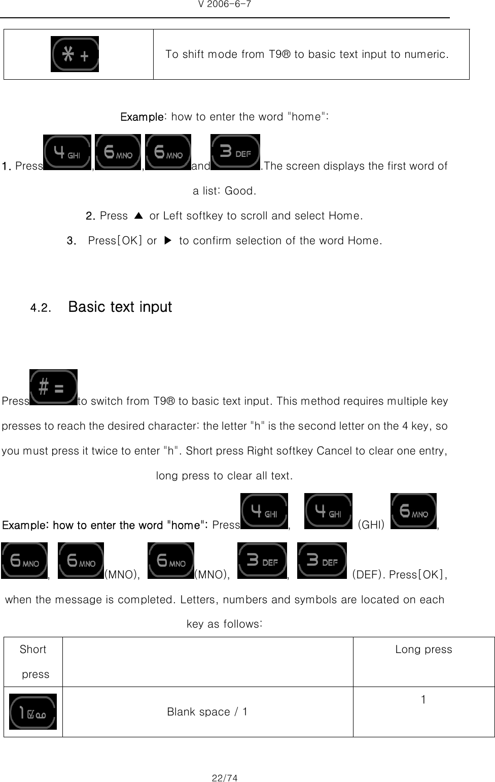 V 2006-6-7 22/74  To shift mode from T9® to basic text input to numeric.               Example: how to enter the word &quot;home&quot;: 1. Press , , and .The screen displays the first word of a list: Good. 2. Press  ▲  or Left softkey to scroll and select Home. 3.  Press[OK] or ▶ to confirm selection of the word Home.  Press to switch from T9® to basic text input. This method requires multiple key presses to reach the desired character: the letter &quot;h&quot; is the second letter on the 4 key, so you must press it twice to enter &quot;h&quot;. Short press Right softkey Cancel to clear one entry, long press to clear all text. Example: how to enter the word &quot;home&quot;: Press ，   (GHI)  ， ，(MNO)， (MNO)， ，  (DEF). Press[OK], when the message is completed. Letters, numbers and symbols are located on each key as follows: Short   press  Long press  Blank space / 1 １ 4.2.   Basic text input 