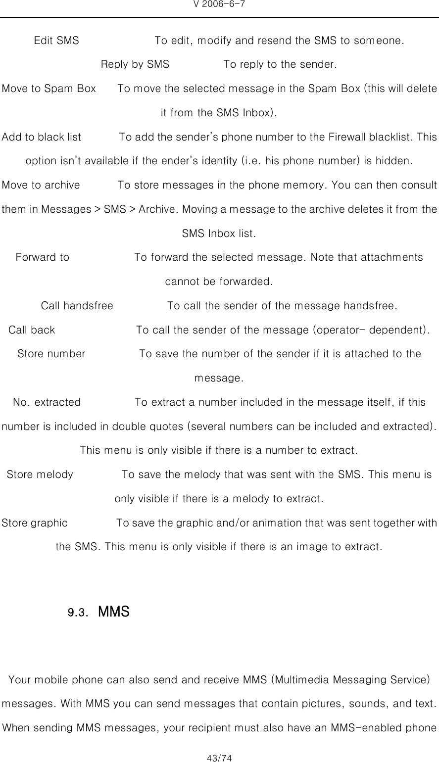 V 2006-6-7 43/74 Edit SMS              To edit, modify and resend the SMS to someone. Reply by SMS          To reply to the sender. Move to Spam Box        To move the selected message in the Spam Box (this will delete it from the SMS Inbox). Add to black list              To add the sender’s phone number to the  Firewall blacklist. This option isn’t available if the ender’s identity (i.e. his phone number) is hidden. Move to archive              To store messages in the phone memory. You can then consult them in Messages &gt; SMS &gt; Archive. Moving a message to the archi ve deletes it from the SMS Inbox list. Forward to            To forward the selected message. Note that attachments cannot be forwarded. Call handsfree          To call the sender of the message handsfree. Call back               To call the sender of the message (operator- dependent). Store number          To save the number of the sender if it is attached to the message. No. extracted                    To extract a number included in the message itself, if this number is included in double quotes (several numbers can be included and extracted). This menu is only visible if there is a number to extract. Store melody         To save the melody that was sent with the SMS. This menu is only visible if there is a melody to extract. Store graphic         To save the graphic and/or animation that was sent together with the SMS. This menu is only visible if there is an image to extract.  Your mobile phone can also send and receive MMS (Multimedia Messaging Service) messages. With MMS you can send messages that contain pictures, sounds, and text. When sending MMS messages, your recipient must also have an MMS-enabled phone 9.3. MMS 