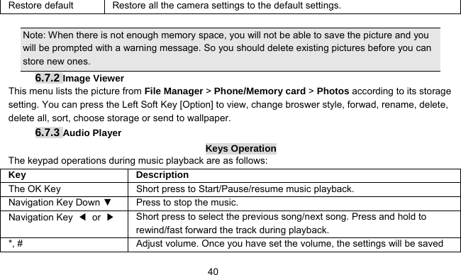      40Restore default  Restore all the camera settings to the default settings.  Note: When there is not enough memory space, you will not be able to save the picture and you will be prompted with a warning message. So you should delete existing pictures before you can store new ones.   6.7.2 Image Viewer This menu lists the picture from File Manager &gt; Phone/Memory card &gt; Photos according to its storage setting. You can press the Left Soft Key [Option] to view, change broswer style, forwad, rename, delete, delete all, sort, choose storage or send to wallpaper.   6.7.3 Audio Player Keys Operation The keypad operations during music playback are as follows: Key Description The OK Key    Short press to Start/Pause/resume music playback. Navigation Key Down ▼  Press to stop the music. Navigation Key  ◀ or ▶   Short press to select the previous song/next song. Press and hold to   rewind/fast forward the track during playback. *, #  Adjust volume. Once you have set the volume, the settings will be saved 