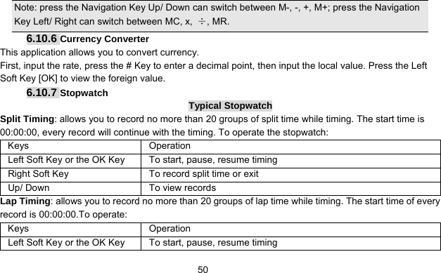      50Note: press the Navigation Key Up/ Down can switch between M-, -, +, M+; press the Navigation Key Left/ Right can switch between MC, x,  ÷, MR. 6.10.6 Currency Converter This application allows you to convert currency. First, input the rate, press the # Key to enter a decimal point, then input the local value. Press the Left Soft Key [OK] to view the foreign value.   6.10.7 Stopwatch Typical Stopwatch Split Timing: allows you to record no more than 20 groups of split time while timing. The start time is 00:00:00, every record will continue with the timing. To operate the stopwatch: Keys Operation Left Soft Key or the OK Key  To start, pause, resume timing Right Soft Key  To record split time or exit Up/ Down  To view records Lap Timing: allows you to record no more than 20 groups of lap time while timing. The start time of every record is 00:00:00.To operate: Keys   Operation Left Soft Key or the OK Key  To start, pause, resume timing 