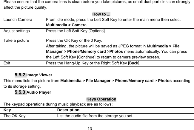   13Please ensure that the camera lens is clean before you take pictures, as small dust particles can strongly affect the picture quality. How to ... Launch Camera   From idle mode, press the Left Soft Key to enter the main menu then select Multimedia &gt; Camera Adjust settings  Press the Left Soft Key [Options] Take a picture Press the OK Key or the 0 Key. After taking, the picture will be saved as JPEG format in Multimedia &gt; File Manager &gt; Phone/Memory card &gt;Photos menu automatically. You can press the Left Soft Key [Continue] to return to camera preview screen.   Exit   Press the Hang-Up Key or the Right Soft Key [Back].  5.5.2 Image Viewer This menu lists the picture from Multimedia &gt; File Manager &gt; Phone/Memory card &gt; Photos according to its storage setting.   5.5.3 Audio Player Keys Operation The keypad operations during music playback are as follows: Key Description The OK Key    List the audio file from the storage you set. 