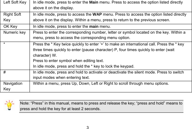   3 Left Soft Key  In idle mode, press to enter the Main menu. Press to access the option listed directly above it on the display. Right Soft Key In idle mode, press to access the WAP menu. Press to access the option listed directly above it on the display. Within a menu, press to return to the previous screen.   OK Key  In idle mode, press to enter the main menu.   Numeric key  Press to enter the corresponding number, letter or symbol located on the key. Within a menu, press to access the corresponding menu option.   *  Press the * Key twice quickly to enter ‘+’ to make an international call. Press the * key three times quickly to enter (pause character) P, four times quickly to enter (wait character) W.   Press to enter symbol when editing text. In idle mode, press and hold the * key to lock the keypad. #  In idle mode, press and hold to activate or deactivate the silent mode. Press to switch input modes when entering text. Navigation Key Within a menu, press Up, Down, Left or Right to scroll through menu options.    Note: “Press” in this manual, means to press and release the key; “press and hold” means to press and hold the key for at least 2 seconds.  