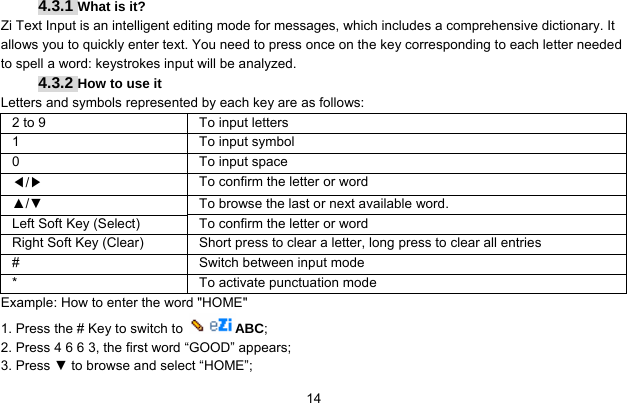     144.3.1 What is it? Zi Text Input is an intelligent editing mode for messages, which includes a comprehensive dictionary. It allows you to quickly enter text. You need to press once on the key corresponding to each letter needed to spell a word: keystrokes input will be analyzed.   4.3.2 How to use it Letters and symbols represented by each key are as follows: 2 to 9  To input letters 1  To input symbol 0  To input space ◀/▶ To confirm the letter or word ▲/▼  To browse the last or next available word. Left Soft Key (Select)  To confirm the letter or word Right Soft Key (Clear)  Short press to clear a letter, long press to clear all entries #  Switch between input mode *  To activate punctuation mode Example: How to enter the word &quot;HOME&quot; 1. Press the # Key to switch to  ABC; 2. Press 4 6 6 3, the first word “GOOD” appears; 3. Press ▼ to browse and select “HOME”; 