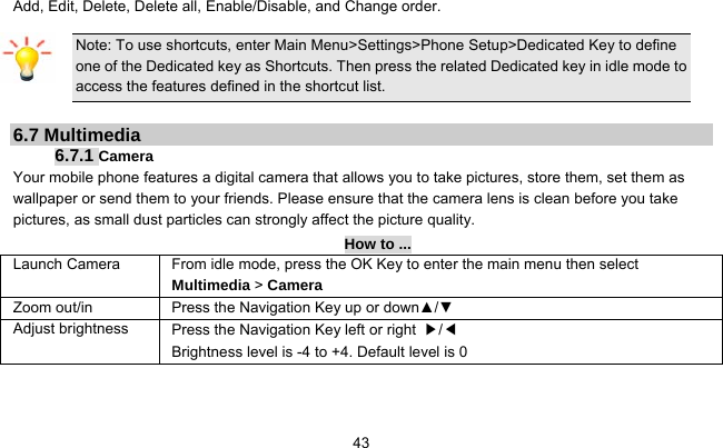     43Add, Edit, Delete, Delete all, Enable/Disable, and Change order. Note: To use shortcuts, enter Main Menu&gt;Settings&gt;Phone Setup&gt;Dedicated Key to define one of the Dedicated key as Shortcuts. Then press the related Dedicated key in idle mode to access the features defined in the shortcut list.  6.7 Multimedia 6.7.1 Camera  Your mobile phone features a digital camera that allows you to take pictures, store them, set them as wallpaper or send them to your friends. Please ensure that the camera lens is clean before you take pictures, as small dust particles can strongly affect the picture quality. How to ... Launch Camera   From idle mode, press the OK Key to enter the main menu then select Multimedia &gt; Camera Zoom out/in Press the Navigation Key up or down▲/▼ Adjust brightness Press the Navigation Key left or right  ▶/◀ Brightness level is -4 to +4. Default level is 0 