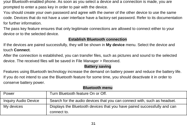   31your Bluetooth-enabled phone. As soon as you select a device and a connection is made, you are prompted to enter a pass key in order to pair with the device.   You should create your own password and agree with the owner of the other device to use the same code. Devices that do not have a user interface have a factory-set password. Refer to its documentation for further information.   The pass key feature ensures that only legitimate connections are allowed to connect either to your device or to the selected device. Establish Bluetooth connection If the devices are paired successfully, they will be shown in My device menu. Select the device and touch Connect. After the connection is established, you can transfer files, such as pictures and sound to the selected device. The received files will be saved in File Manager &gt; Received. Battery saving Features using Bluetooth technology increase the demand on battery power and reduce the battery life. If you do not intend to use the Bluetooth feature for some time, you should deactivate it in order to conserve battery power. Bluetooth menu Power  Turn Bluetooth feature On or Off. Inquiry Audio Device  Search for the audio devices that you can connect with, such as headset. My devices    Displays the Bluetooth devices that you have paired successfully and can connect to.   