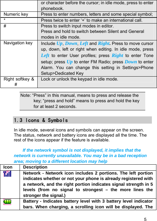   5 Note: “Press” in this manual, means to press and release the key; “press and hold” means to press and hold the key for at least 2 seconds. 1.3 Icons &amp; Symbols In idle mode, several icons and symbols can appear on the screen. The status, network and battery icons are displayed all the time. The rest of the icons appear if the feature is available.  If the network symbol is not displayed, it implies that the network is currently unavailable. You may be in a bad reception area; moving to a different location may help   Icon Description  Network - Network icon includes 2 portions. The left portion indicates whether or not your phone is already registered with a network, and the right portion indicates signal strength in 5 levels (from no signal to strongest – the more lines the stronger the signal.)  Battery - Indicates battery level with 3 battery level indicator bars. When charging, a scrolling icon will be displayed. The or character before the cursor; in idle mode, press to enter phonebook.  Numeric key  Press to enter numbers, letters and some special symbol; *  Press twice to enter ‘+’ to make an international call. #  Press to switch input modes in editor.   Press and hold to switch between Silent and General   modes in idle mode. Navigation key  Include Up, Down, Left and Right. Press to move cursor up, down, left or right when editing. In idle mode, press Left to enter User profiles; press Right to enter Tone setup; press Up to enter FM Radio; press Down to enter Alarm. You can change this setting in Settings&gt;Phone Setup&gt;Dedicated Key Right softkey &amp; # Lock or unlock the keypad in idle mode. 