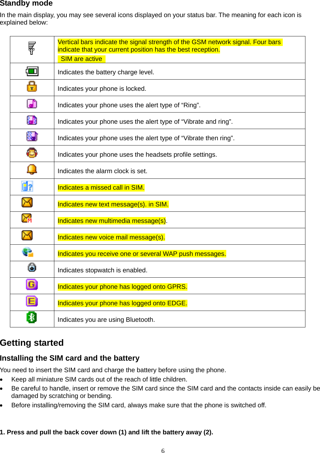 6 Standby mode In the main display, you may see several icons displayed on your status bar. The meaning for each icon is explained below:   Vertical bars indicate the signal strength of the GSM network signal. Four bars indicate that your current position has the best reception.   SIM are active    Indicates the battery charge level.  Indicates your phone is locked.  Indicates your phone uses the alert type of “Ring”.  Indicates your phone uses the alert type of “Vibrate and ring”.  Indicates your phone uses the alert type of “Vibrate then ring”.  Indicates your phone uses the headsets profile settings.  Indicates the alarm clock is set.  Indicates a missed call in SIM.  Indicates new text message(s). in SIM.  Indicates new multimedia message(s).  Indicates new voice mail message(s).  Indicates you receive one or several WAP push messages.  Indicates stopwatch is enabled.  Indicates your phone has logged onto GPRS.  Indicates your phone has logged onto EDGE.  Indicates you are using Bluetooth.  Getting started Installing the SIM card and the battery You need to insert the SIM card and charge the battery before using the phone.   Keep all miniature SIM cards out of the reach of little children.   Be careful to handle, insert or remove the SIM card since the SIM card and the contacts inside can easily be damaged by scratching or bending.   Before installing/removing the SIM card, always make sure that the phone is switched off.   1. Press and pull the back cover down (1) and lift the battery away (2). 