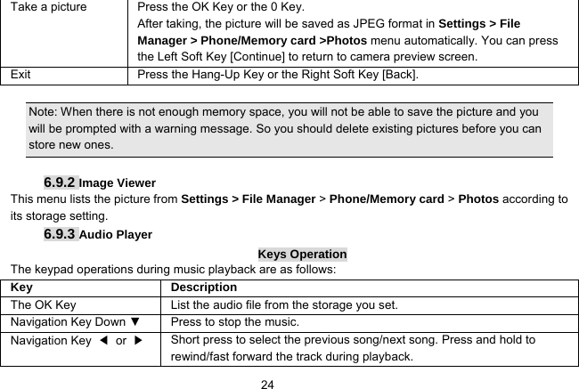   24Take a picture Press the OK Key or the 0 Key. After taking, the picture will be saved as JPEG format in Settings &gt; File Manager &gt; Phone/Memory card &gt;Photos menu automatically. You can press the Left Soft Key [Continue] to return to camera preview screen.   Exit   Press the Hang-Up Key or the Right Soft Key [Back].  Note: When there is not enough memory space, you will not be able to save the picture and you will be prompted with a warning message. So you should delete existing pictures before you can store new ones.    6.9.2 Image Viewer This menu lists the picture from Settings &gt; File Manager &gt; Phone/Memory card &gt; Photos according to its storage setting.   6.9.3 Audio Player Keys Operation The keypad operations during music playback are as follows: Key Description The OK Key    List the audio file from the storage you set. Navigation Key Down ▼  Press to stop the music. Navigation Key  ◀ or ▶ Short press to select the previous song/next song. Press and hold to   rewind/fast forward the track during playback. 