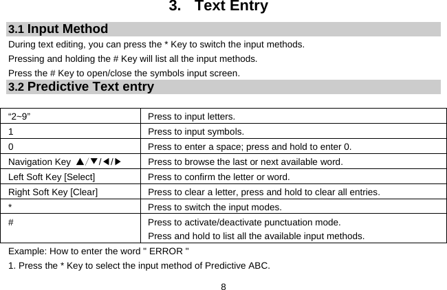  8 3. Text Entry 3.1 Input Method During text editing, you can press the * Key to switch the input methods.   Pressing and holding the # Key will list all the input methods.   Press the # Key to open/close the symbols input screen.   3.2 Predictive Text entry  “2~9”      Press to input letters. 1 Press to input symbols. 0  Press to enter a space; press and hold to enter 0. Navigation Key ▲/▼/◀/▶ Press to browse the last or next available word. Left Soft Key [Select]  Press to confirm the letter or word. Right Soft Key [Clear] Press to clear a letter, press and hold to clear all entries. *  Press to switch the input modes. #  Press to activate/deactivate punctuation mode.   Press and hold to list all the available input methods. Example: How to enter the word &quot; ERROR &quot; 1. Press the * Key to select the input method of Predictive ABC. 