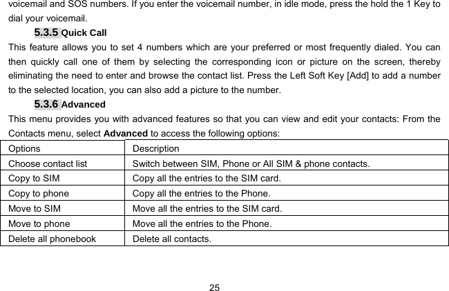  25 voicemail and SOS numbers. If you enter the voicemail number, in idle mode, press the hold the 1 Key to dial your voicemail. 5.3.5 Quick Call This feature allows you to set 4 numbers which are your preferred or most frequently dialed. You can then quickly call one of them by selecting the corresponding icon or picture on the screen, thereby eliminating the need to enter and browse the contact list. Press the Left Soft Key [Add] to add a number to the selected location, you can also add a picture to the number. 5.3.6 Advanced This menu provides you with advanced features so that you can view and edit your contacts: From the Contacts menu, select Advanced to access the following options: Options Description Choose contact list Switch between SIM, Phone or All SIM &amp; phone contacts. Copy to SIM Copy all the entries to the SIM card. Copy to phone Copy all the entries to the Phone. Move to SIM Move all the entries to the SIM card. Move to phone Move all the entries to the Phone. Delete all phonebook  Delete all contacts.  