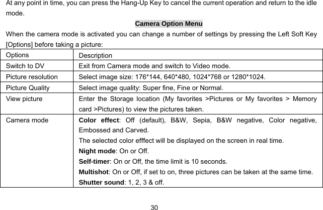  30 At any point in time, you can press the Hang-Up Key to cancel the current operation and return to the idle mode. Camera Option Menu When the camera mode is activated you can change a number of settings by pressing the Left Soft Key [Options] before taking a picture: Options  Description Switch to DV  Exit from Camera mode and switch to Video mode. Picture resolution  Select image size: 176*144, 640*480, 1024*768 or 1280*1024. Picture Quality  Select image quality: Super fine, Fine or Normal. View picture  Enter the Storage location (My favorites &gt;Pictures or My favorites &gt; Memory card &gt;Pictures) to view the pictures taken. Camera mode  Color effect: Off (default), B&amp;W, Sepia, B&amp;W negative, Color negative, Embossed and Carved. The selected color efffect will be displayed on the screen in real time. Night mode: On or Off. Self-timer: On or Off, the time limit is 10 seconds. Multishot: On or Off, if set to on, three pictures can be taken at the same time. Shutter sound: 1, 2, 3 &amp; off. 