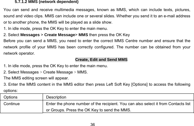  36 5.7.1.2 MMS (network dependent) You can send and receive multimedia messages, known as MMS, which can include texts, pictures, sound and video clips. MMS can include one or several slides. Whether you send it to an e-mail address or to another phone, the MMS will be played as a slide show. 1. In idle mode, press the OK Key to enter the main menu. 2. Select Messages &gt; Create Message&gt; MMS then press the OK Key Before you can send a MMS, you need to enter the correct MMS Centre number and ensure that the network profile of your MMS has been correctly configured. The number can be obtained from your network operator. Create, Edit and Send MMS 1. In idle mode, press the OK Key to enter the main menu. 2. Select Messages &gt; Create Message &gt; MMS. The MMS editing screen will appear. 3. Enter the MMS content in the MMS editor then press Left Soft Key [Options] to access the following options: Options Description Continue  Enter the phone number of the recipient. You can also select it from Contacts list or Groups. Press the OK Key to send the MMS. 