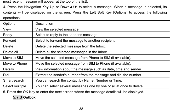  38 most recent message will appear at the top of the list). 4. Press the Navigation Key Up or Down▲/▼ to select a message. When a message is selected, its contents will be displayed on the screen. Press the Left Soft Key [Options] to access the following operations:  Options Description View  View the selected message. Reply  Select to reply to the sender’s message.   Forward  Select to forward the message to another recipient.   Delete  Delete the selected message from the Inbox. Delete all  Delete all the selected messages in the Inbox. Move to SIM  Move the selected message from Phone to SIM (if available). Move to Phone  Move the selected message from SIM to Phone (if available). Details  View information about the message such as date, time and sender. Dial  Extract the sender&apos;s number from the message and dial the number. Smart search  You can search the contact by Name, Number or Time. Select multiple  You can select several messages one by one or all at once to delete.   5. Press the OK Key to enter the next screen where the message details will be displayed.   5.7.3 Outbox 