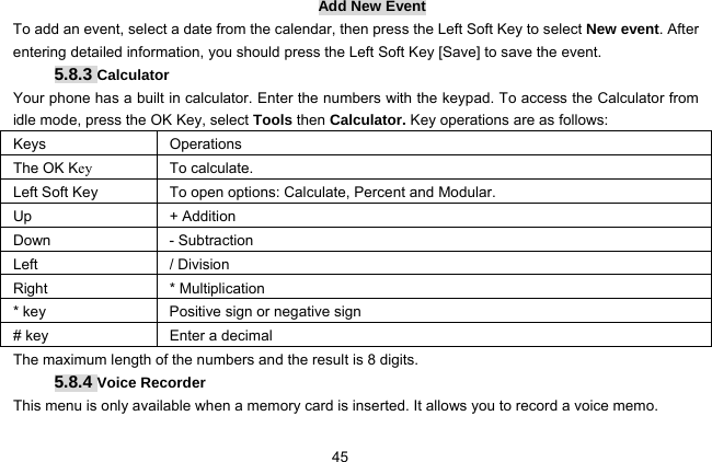  45 Add New Event To add an event, select a date from the calendar, then press the Left Soft Key to select New event. After entering detailed information, you should press the Left Soft Key [Save] to save the event. 5.8.3 Calculator Your phone has a built in calculator. Enter the numbers with the keypad. To access the Calculator from idle mode, press the OK Key, select Tools then Calculator. Key operations are as follows: Keys Operations The OK Key To calculate. Left Soft Key  To open options: Calculate, Percent and Modular.   Up   + Addition Down - Subtraction Left / Division Right * Multiplication * key  Positive sign or negative sign # key  Enter a decimal The maximum length of the numbers and the result is 8 digits.   5.8.4 Voice Recorder This menu is only available when a memory card is inserted. It allows you to record a voice memo. 