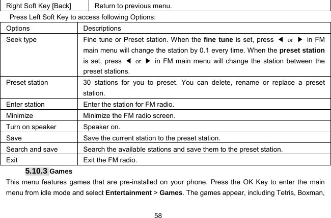  58 Right Soft Key [Back] Return to previous menu.   Press Left Soft Key to access following Options: Options Descriptions Seek type  Fine tune or Preset station. When the fine tune is set, press  ◀ or  ▶ in FM main menu will change the station by 0.1 every time. When the preset station is set, press ◀ or  ▶ in FM main menu will change the station between the preset stations. Preset station  30 stations for you to preset. You can delete, rename or replace a preset station. Enter station  Enter the station for FM radio. Minimize  Minimize the FM radio screen. Turn on speaker  Speaker on. Save  Save the current station to the preset station. Search and save  Search the available stations and save them to the preset station. Exit  Exit the FM radio. 5.10.3 Games This menu features games that are pre-installed on your phone. Press the OK Key to enter the main menu from idle mode and select Entertainment &gt; Games. The games appear, including Tetris, Boxman, 