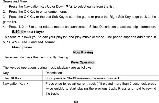  59 Snake and Mine.   1.    Press the Navigation Key Up or Down ▼/▲ to select game from the list; 2.    Press the OK Key to enter game menu; 3.    Press the OK Key or the Left Soft Key to start the game or press the Right Soft Key to go back to the game list. 4.    Press 1, 2 or 3 to enter related menus on each screen. Select Description to access help information. 5.10.4 Media Player This feature allows you to edit your playlist, and play music or video. The phone supports audio files in MP3, WMA, AAC+ and AAC format. Music player Now Playing The screen displays the file currently playing. Keys Operation The keypad operations during music playback are as follows: Key Description The OK Key  Short press to Start/Pause/resume music playback. Navigation Key  ◀  Press once to restart current track (if it played more than 2 seconds), press twice quickly to start playing the previous track. Press and hold to rewind the track. 