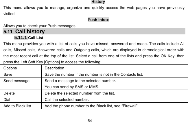  64 History This menu allows you to manage, organize and quickly access the web pages you have previously visited. Push Inbox Allows you to check your Push messages. 5.11 Call history 5.11.1 Call List This menu provides you with a list of calls you have missed, answered and made. The calls include All calls, Missed calls, Answered calls and Outgoing calls, which are displayed in chronological order with the most recent call at the top of the list. Select a call from one of the lists and press the OK Key, then press the Left Soft Key [Options] to access the following: Options Description Save Save the number if the number is not in the Contacts list. Send message  Send a message to the selected number. You can send by SMS or MMS. Delete Delete the selected number from the list. Dial Call the selected number. Add to Black list  Add the phone number to the Black list, see “Firewall”. 