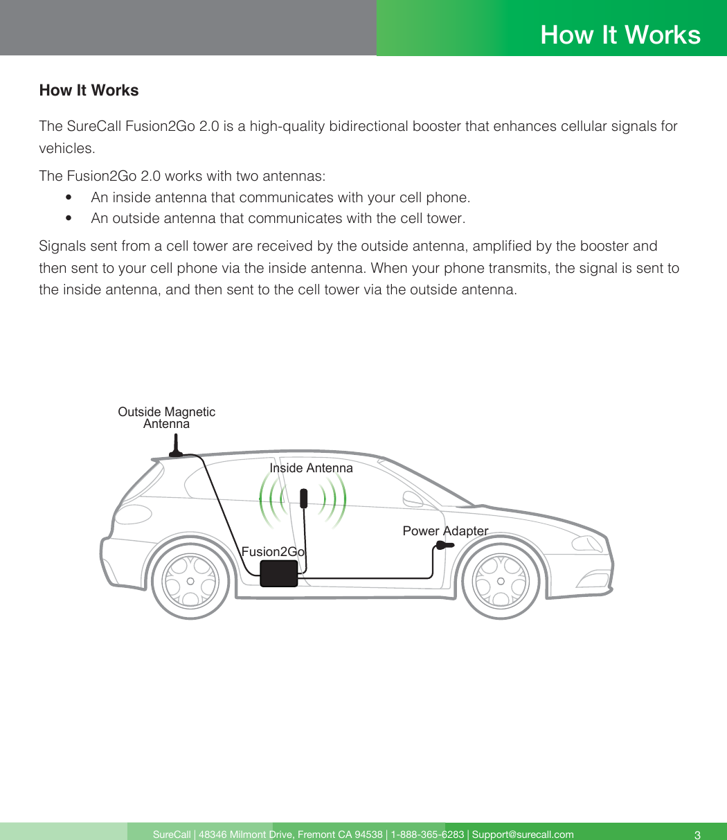 SureCall | 48346 Milmont Drive, Fremont CA 94538 | 1-888-365-6283 | Support@surecall.com 3How It WorksThe SureCall Fusion2Go 2.0 is a high-quality bidirectional booster that enhances cellular signals for vehicles.The Fusion2Go 2.0 works with two antennas:•  An inside antenna that communicates with your cell phone. •  An outside antenna that communicates with the cell tower.Signals sent from a cell tower are received by the outside antenna, amplied by the booster and then sent to your cell phone via the inside antenna. When your phone transmits, the signal is sent to the inside antenna, and then sent to the cell tower via the outside antenna. How It WorksOutside MagneticAntennaPower AdapterInside AntennaFusion2Go