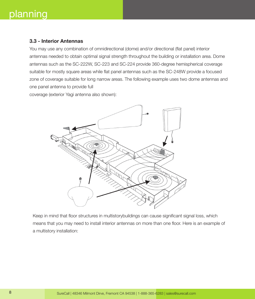 SureCall | 48346 Milmont Dirve, Fremont CA 94538 | 1-888-365-6283 | sales@surecall.com8planning3.3 - Interior AntennasYou may use any combination of omnidirectional (dome) and/or directional (at panel) interior antennas needed to obtain optimal signal strength throughout the building or installation area. Dome antennas such as the SC-222W, SC-223 and SC-224 provide 360-degree hemispherical coverage suitable for mostly square areas while at panel antennas such as the SC-248W provide a focused zone of coverage suitable for long narrow areas. The following example uses two dome antennas and one panel antenna to provide fullcoverage (exterior Yagi antenna also shown):Keep in mind that oor structures in multistorybuildings can cause signicant signal loss, which means that you may need to install interior antennas on more than one oor. Here is an example of a multistory installation: