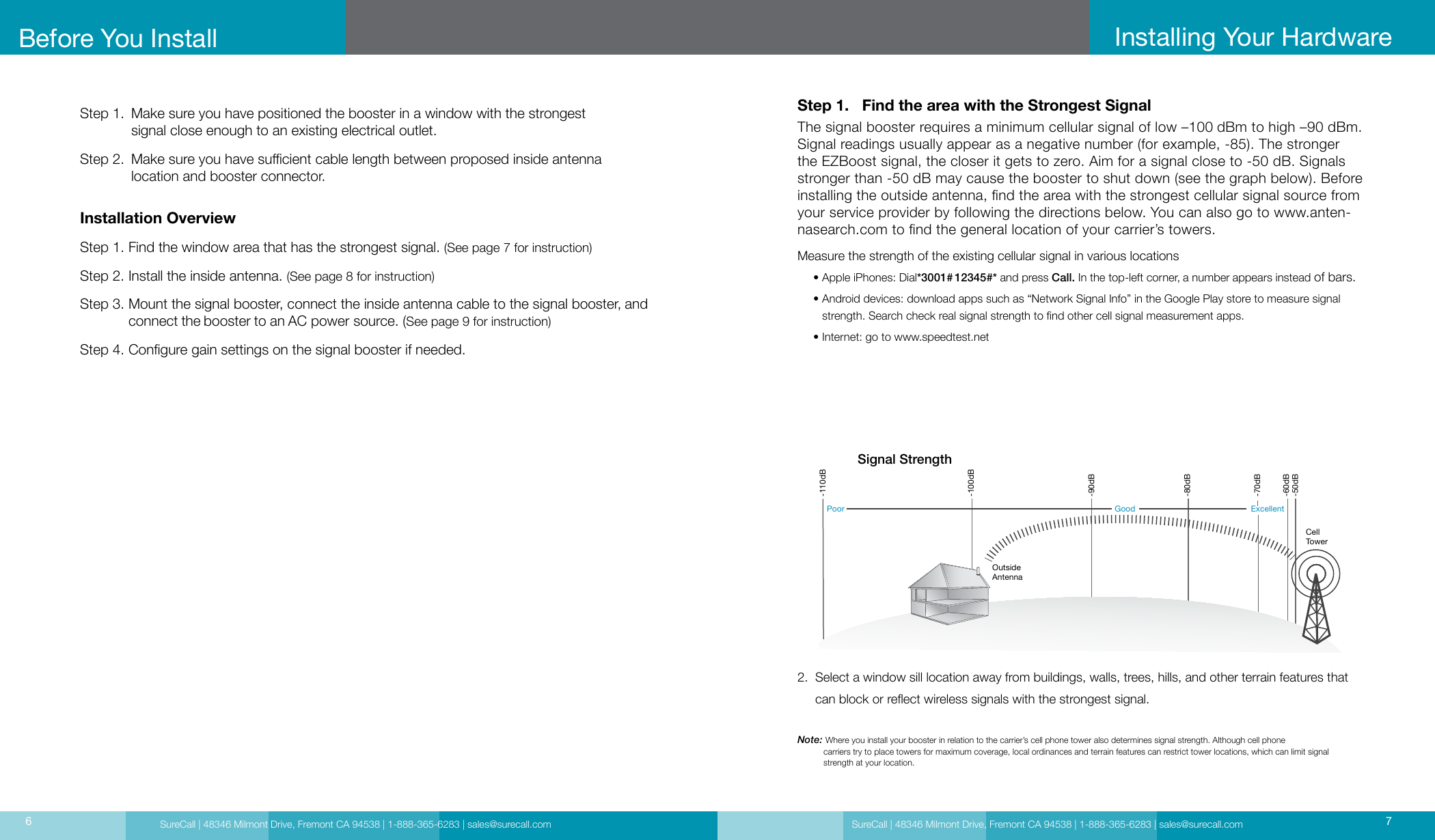 SureCall | 48346 Milmont Drive, Fremont CA 94538 | 1-888-365-6283 | sales@surecall.com SureCall | 48346 Milmont Drive, Fremont CA 94538 | 1-888-365-6283 | sales@surecall.com 76Step 1.   Make sure you have positioned the booster in a window with the strongest  signal close enough to an existing electrical outlet.Step 2.   Make sure you have sucient cable length between proposed inside antenna  location and booster connector.Installation OverviewStep 1. Find the window area that has the strongest signal. (See page 7 for instruction)Step 2. Install the inside antenna. (See page 8 for instruction)Step 3.  Mount the signal booster, connect the inside antenna cable to the signal booster, and connect the booster to an AC power source. (See page 9 for instruction)Step 4. Congure gain settings on the signal booster if needed.Before You Install Installing Your HardwareStep 1.     Find the area with the Strongest Signal The signal booster requires a minimum cellular signal of low –100 dBm to high –90 dBm. Signal readings usually appear as a negative number (for example, -85). The stronger the EZBoost signal, the closer it gets to zero. Aim for a signal close to -50 dB. Signals stronger than -50 dB may cause the booster to shut down (see the graph below). Before installing the outside antenna, nd the area with the strongest cellular signal source from your service provider by following the directions below. You can also go to www.anten-nasearch.com to nd the general location of your carrier’s towers. Measure the strength of the existing cellular signal in various locations      • Apple iPhones: Dial*3001# 12345#* and press Call. In the top-left corner, a number appears instead of bars.       •  Android devices: download apps such as “Network Signal Info” in the Google Play store to measure signal strength. Search check real signal strength to nd other cell signal measurement apps.      • Internet: go to www.speedtest.net2.   Select a window sill location away from buildings, walls, trees, hills, and other terrain features that can block or reect wireless signals with the strongest signal.Note: Where you install your booster in relation to the carrier’s cell phone tower also determines signal strength. Although cell phone              carriers try to place towers for maximum coverage, local ordinances and terrain features can restrict tower locations, which can limit signal              strength at your location.Cell TowerOutside AntennaSignal Strength-50dB-60dB-70dB-80dB-90dB-100dB-110dBExcellentGoodPoor