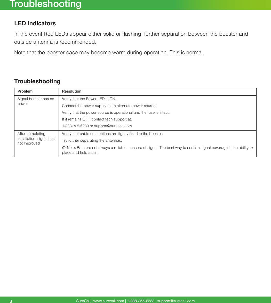 SureCall | www.surecall.com | 1-888-365-6283 | support@surecall.com8SpecicationsTroubleshootingLED Indicators In the event Red LEDs appear either solid or ashing, further separation between the booster and outside antenna is recommended. Note that the booster case may become warm during operation. This is normal.TroubleshootingProblem ResolutionSignal booster has no powerVerify that the Power LED is ON.Connect the power supply to an alternate power source.Verify that the power source is operational and the fuse is intact.If it remains OFF, contact tech support at: 1-888-365-6283 or support@surecall.comAfter completing installation, signal has not ImprovedVerify that cable connections are tightly tted to the booster.Try further separating the antennas. Note: Bars are not always a reliable measure of signal. The best way to conrm signal coverage is the ability to place and hold a call. 