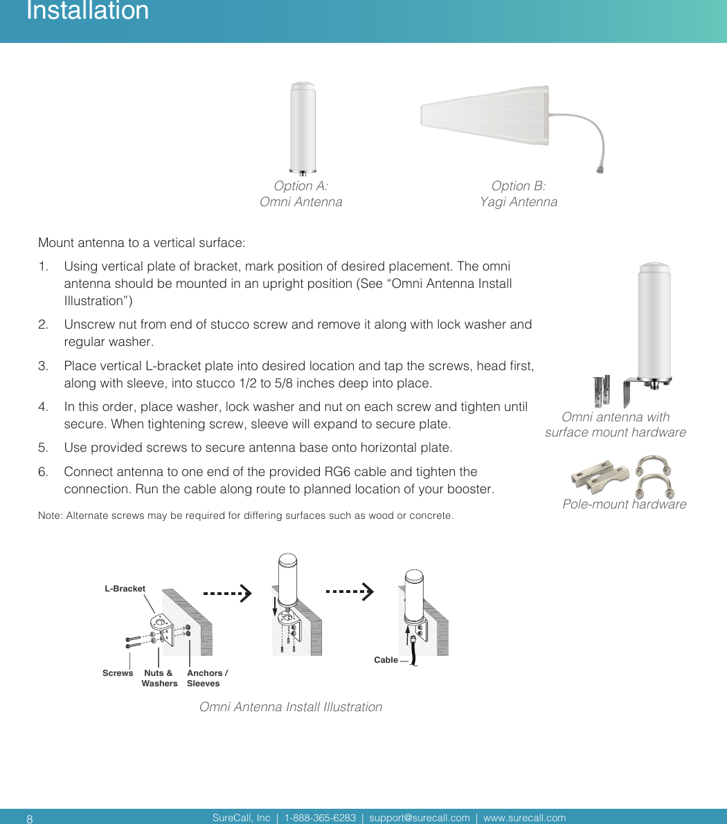 SureCall, Inc  |  1-888-365-6283  |  support@surecall.com  |  www.surecall.com SureCall, Inc  |  1-888-365-6283  |  support@surecall.com  |  www.surecall.com 8Mount antenna to a vertical surface: 1.  Using vertical plate of bracket, mark position of desired placement. The omni antenna should be mounted in an upright position (See “Omni Antenna Install Illustration”)2.  Unscrew nut from end of stucco screw and remove it along with lock washer and regular washer.3.  Place vertical L-bracket plate into desired location and tap the screws, head rst, along with sleeve, into stucco 1/2 to 5/8 inches deep into place.4.  In this order, place washer, lock washer and nut on each screw and tighten until secure. When tightening screw, sleeve will expand to secure plate.5.  Use provided screws to secure antenna base onto horizontal plate.6.  Connect antenna to one end of the provided RG6 cable and tighten the connection. Run the cable along route to planned location of your booster.Note: Alternate screws may be required for differing surfaces such as wood or concrete.Nuts &amp; WashersL-BracketCableAnchors /Sleeves ScrewsOmni Antenna Install IllustrationInstallationOption B:Yagi AntennaOption A:Omni Antenna Pole-mount hardwareOmni antenna with surface mount hardware