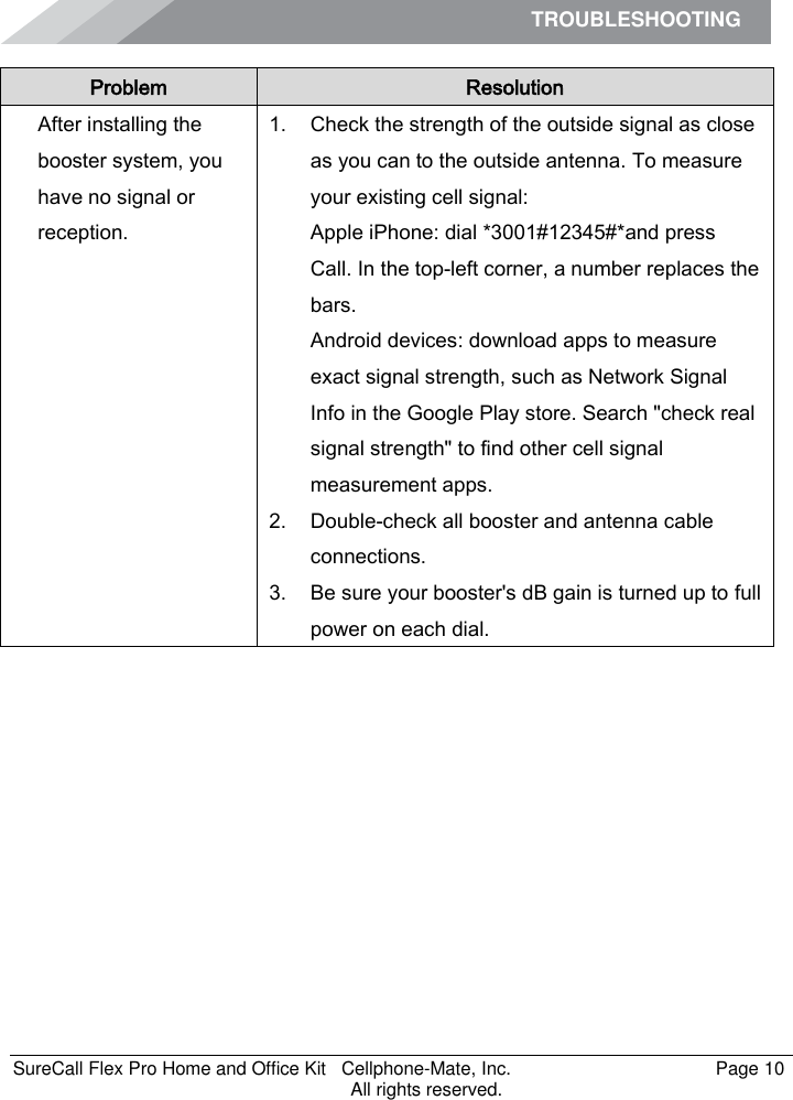 TROUBLESHOOTING    SureCall Flex Pro Home and Office Kit   Cellphone-Mate, Inc.   Page 10           All rights reserved. Problem Resolution After installing the booster system, you have no signal or reception. 1. Check the strength of the outside signal as close as you can to the outside antenna. To measure your existing cell signal: Apple iPhone: dial *3001#12345#*and press Call. In the top-left corner, a number replaces the bars. Android devices: download apps to measure exact signal strength, such as Network Signal Info in the Google Play store. Search &quot;check real signal strength&quot; to find other cell signal measurement apps. 2. Double-check all booster and antenna cable connections. 3. Be sure your booster&apos;s dB gain is turned up to full power on each dial. 