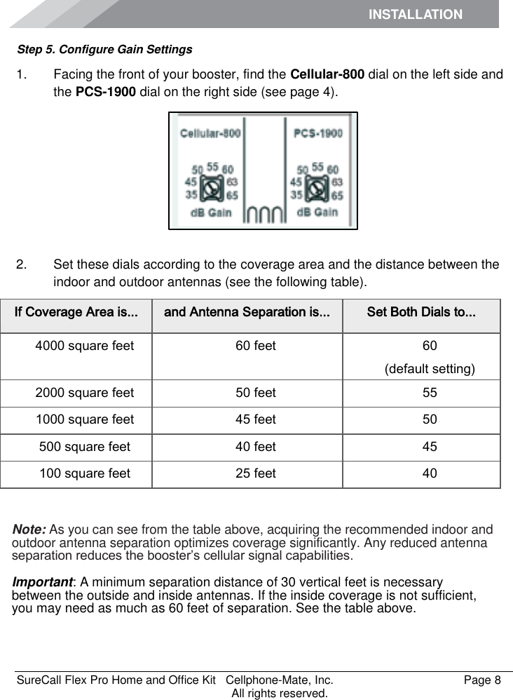 INSTALLATION    SureCall Flex Pro Home and Office Kit   Cellphone-Mate, Inc.   Page 8           All rights reserved. Step 5. Configure Gain Settings 1.  Facing the front of your booster, find the Cellular-800 dial on the left side and the PCS-1900 dial on the right side (see page 4).  2.  Set these dials according to the coverage area and the distance between the indoor and outdoor antennas (see the following table).  Note: As you can see from the table above, acquiring the recommended indoor and outdoor antenna separation optimizes coverage significantly. Any reduced antenna separation reduces the booster’s cellular signal capabilities.  Important: A minimum separation distance of 30 vertical feet is necessary between the outside and inside antennas. If the inside coverage is not sufficient, you may need as much as 60 feet of separation. See the table above. If Coverage Area is... and Antenna Separation is... Set Both Dials to... 4000 square feet 60 feet 60 (default setting) 2000 square feet 50 feet 55 1000 square feet 45 feet 50 500 square feet 40 feet 45 100 square feet 25 feet 40 