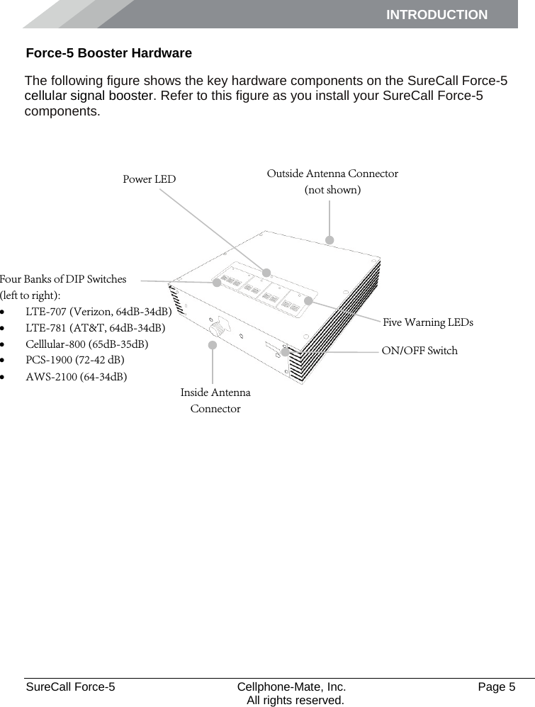 INTRODUCTION      SureCall Force-5  Cellphone-Mate, Inc.   Page 5           All rights reserved. Force-5 Booster Hardware The following figure shows the key hardware components on the SureCall Force-5 cellular signal booster. Refer to this figure as you install your SureCall Force-5 components.      Five Warning LEDs Outside Antenna Connector (not shown) Inside Antenna Connector Four Banks of DIP Switches  (left to right): •LTE-707 (Verizon, 64dB-34dB) •LTE-781 (AT&amp;T, 64dB-34dB) •Celllular-800 (65dB-35dB) •PCS-1900 (72-42 dB) •AWS-2100 (64-34dB) Power LED ON/OFF Switch 