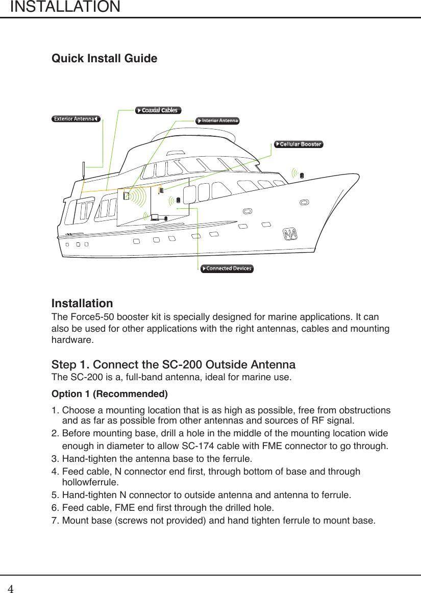 4Quick Install GuideInstallationThe Force5-50 booster kit is specially designed for marine applications. It can also be used for other applications with the right antennas, cables and mounting hardware.Step 1. Connect the SC-200 Outside AntennaThe SC-200 is a, full-band antenna, ideal for marine use. Option 1 (Recommended)1.  Choose a mounting location that is as high as possible, free from obstructions and as far as possible from other antennas and sources of RF signal.2.  Before mounting base, drill a hole in the middle of the mounting location wide enough in diameter to allow SC-174 cable with FME connector to go through.3. Hand-tighten the antenna base to the ferrule.4.  Feed cable, N connector end rst, through bottom of base and through  hollowferrule.5. Hand-tighten N connector to outside antenna and antenna to ferrule.6. Feed cable, FME end rst through the drilled hole.7. Mount base (screws not provided) and hand tighten ferrule to mount base.INSTALLATION