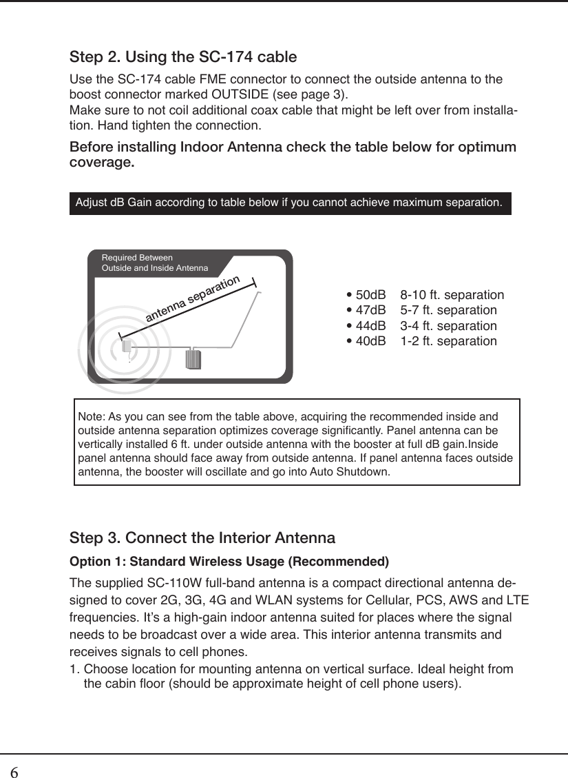 6Step 2. Using the SC-174 cableUse the SC-174 cable FME connector to connect the outside antenna to the boost connector marked OUTSIDE (see page 3).Make sure to not coil additional coax cable that might be left over from installa-tion. Hand tighten the connection.Before installing Indoor Antenna check the table below for optimum coverage.Step 3. Connect the Interior AntennaOption 1: Standard Wireless Usage (Recommended)The supplied SC-110W full-band antenna is a compact directional antenna de-signed to cover 2G, 3G, 4G and WLAN systems for Cellular, PCS, AWS and LTE frequencies. It’s a high-gain indoor antenna suited for places where the signal needs to be broadcast over a wide area. This interior antenna transmits and receives signals to cell phones.1.  Choose location for mounting antenna on vertical surface. Ideal height from the cabin oor (should be approximate height of cell phone users).Note: As you can see from the table above, acquiring the recommended inside and outside antenna separation optimizes coverage signicantly. Panel antenna can be vertically installed 6 ft. under outside antenna with the booster at full dB gain.  Inside panel antenna should face away from outside antenna. If panel antenna faces outside antenna, the booster will oscillate and go into Auto Shutdown.Required Between Outside and Inside Antennaantenna separation• 50dB    8-10 ft. separation• 47dB    5-7 ft. separation• 44dB    3-4 ft. separation• 40dB    1-2 ft. separationAdjust dB Gain according to table below if you cannot achieve maximum separation.