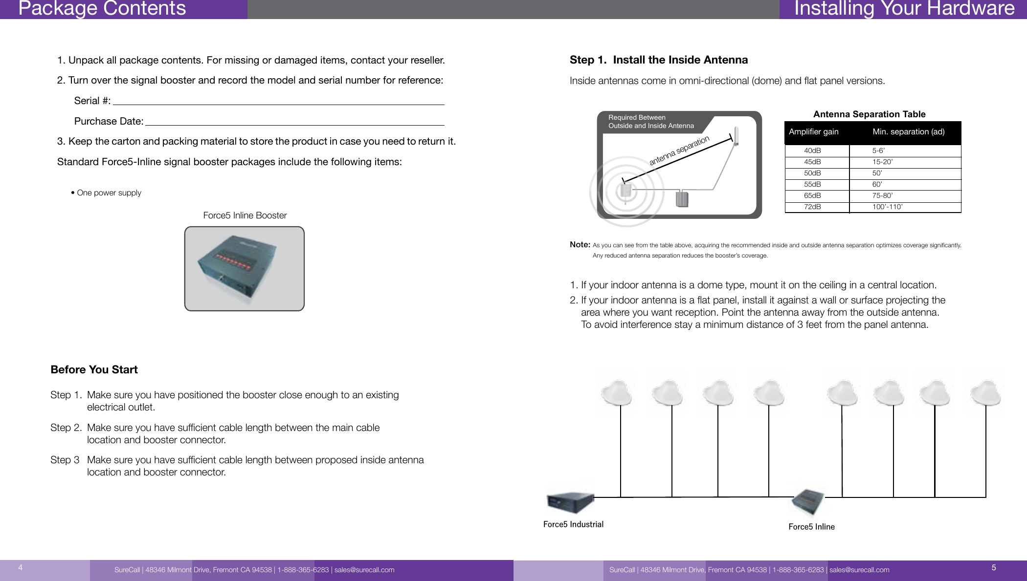 SureCall | 48346 Milmont Drive, Fremont CA 94538 | 1-888-365-6283 | sales@surecall.com 54Package Contents1. Unpack all package contents. For missing or damaged items, contact your reseller.2. Turn over the signal booster and record the model and serial number for reference:      Serial #:          Purchase Date:  3. Keep the carton and packing material to store the product in case you need to return it.Standard Force5-Inline signal booster packages include the following items:           • One power supplySignal Booster Force5 Inline BoosterBefore You StartStep 1.   Make sure you have positioned the booster close enough to an existing  electrical outlet.Step 2.   Make sure you have sucient cable length between the main cable location and booster connector.Step 3   Make sure you have sucient cable length between proposed inside antenna  location and booster connector.1.  If your indoor antenna is a dome type, mount it on the ceiling in a central location.2.  If your indoor antenna is a at panel, install it against a wall or surface projecting the area where you want reception. Point the antenna away from the outside antenna. To avoid interference stay a minimum distance of 3 feet from the panel antenna.Step 1.  Install the Inside Antenna Inside antennas come in omni-directional (dome) and at panel versions. Installing Your HardwareNote:  As you can see from the table above, acquiring the recommended inside and outside antenna separation optimizes coverage signicantly. Any reduced antenna separation reduces the booster’s coverage.Required Between Outside and Inside AntennaAntenna Separation Tableantenna separation40dB                          5-6’45dB                          15-20’50dB                          50’55dB                          60’65dB                          75-80’72dB                          100’-110’Amplier gain               Min. separation (ad)Force5 Industrial Force5 InlineSureCall | 48346 Milmont Drive, Fremont CA 94538 | 1-888-365-6283 | sales@surecall.com