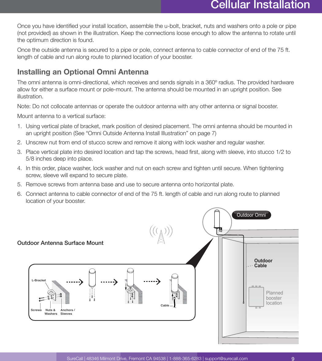 9SureCall | 48346 Milmont Drive, Fremont CA 94538 | 1-888-365-6283 | support@surecall.comCellular InstallationOutdoor OmniPlanned booster locationOutdoorCableOutdoor Antenna Surface MountNuts &amp; WashersL-BracketCableAnchors /Sleeves ScrewsOnce you have identied your install location, assemble the u-bolt, bracket, nuts and washers onto a pole or pipe (not provided) as shown in the illustration. Keep the connections loose enough to allow the antenna to rotate until the optimum direction is found. Once the outside antenna is secured to a pipe or pole, connect antenna to cable connector of end of the 75 ft. length of cable and run along route to planned location of your booster.Installing an Optional Omni AntennaThe omni antenna is omni-directional, which receives and sends signals in a 360º radius. The provided hardware allow for either a surface mount or pole-mount. The antenna should be mounted in an upright position. See illustration.Note: Do not collocate antennas or operate the outdoor antenna with any other antenna or signal booster.Mount antenna to a vertical surface: 1.  Using vertical plate of bracket, mark position of desired placement. The omni antenna should be mounted in an upright position (See “Omni Outside Antenna Install Illustration” on page 7) 2.  Unscrew nut from end of stucco screw and remove it along with lock washer and regular washer.3.  Place vertical plate into desired location and tap the screws, head rst, along with sleeve, into stucco 1/2 to 5/8 inches deep into place.4.  In this order, place washer, lock washer and nut on each screw and tighten until secure. When tightening screw, sleeve will expand to secure plate.5.  Remove screws from antenna base and use to secure antenna onto horizontal plate.6.  Connect antenna to cable connector of end of the 75 ft. length of cable and run along route to planned location of your booster.