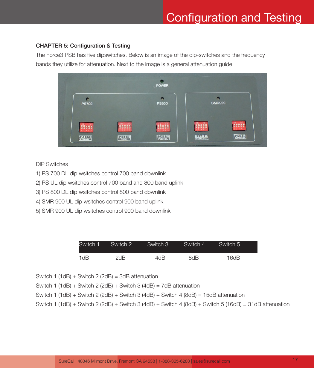 SureCall | 48346 Milmont Drive, Fremont CA 94538 | 1-888-365-6283 | sales@surecall.com 17CHAPTER 5: Conguration &amp; TestingThe Force3 PSB has ve dipswitches. Below is an image of the dip-switches and the frequency bands they utilize for attenuation. Next to the image is a general attenuation guide.DIP Switches1) PS 700 DL dip wsitches control 700 band downlink2) PS UL dip wsitches control 700 band and 800 band uplink3) PS 800 DL dip wsitches control 800 band downlink4) SMR 900 UL dip wsitches control 900 band uplink5) SMR 900 UL dip wsitches control 900 band downlinkSwitch 1 (1dB) + Switch 2 (2dB) = 3dB attenuationSwitch 1 (1dB) + Switch 2 (2dB) + Switch 3 (4dB) = 7dB attenuationSwitch 1 (1dB) + Switch 2 (2dB) + Switch 3 (4dB) + Switch 4 (8dB) = 15dB attenuationSwitch 1 (1dB) + Switch 2 (2dB) + Switch 3 (4dB) + Switch 4 (8dB) + Switch 5 (16dB) = 31dB attenuationSwitch 1       Switch 2          Switch 3          Switch 4         Switch 5  1dB                 2dB                   4dB               8dB                  16dBConguration and Testing