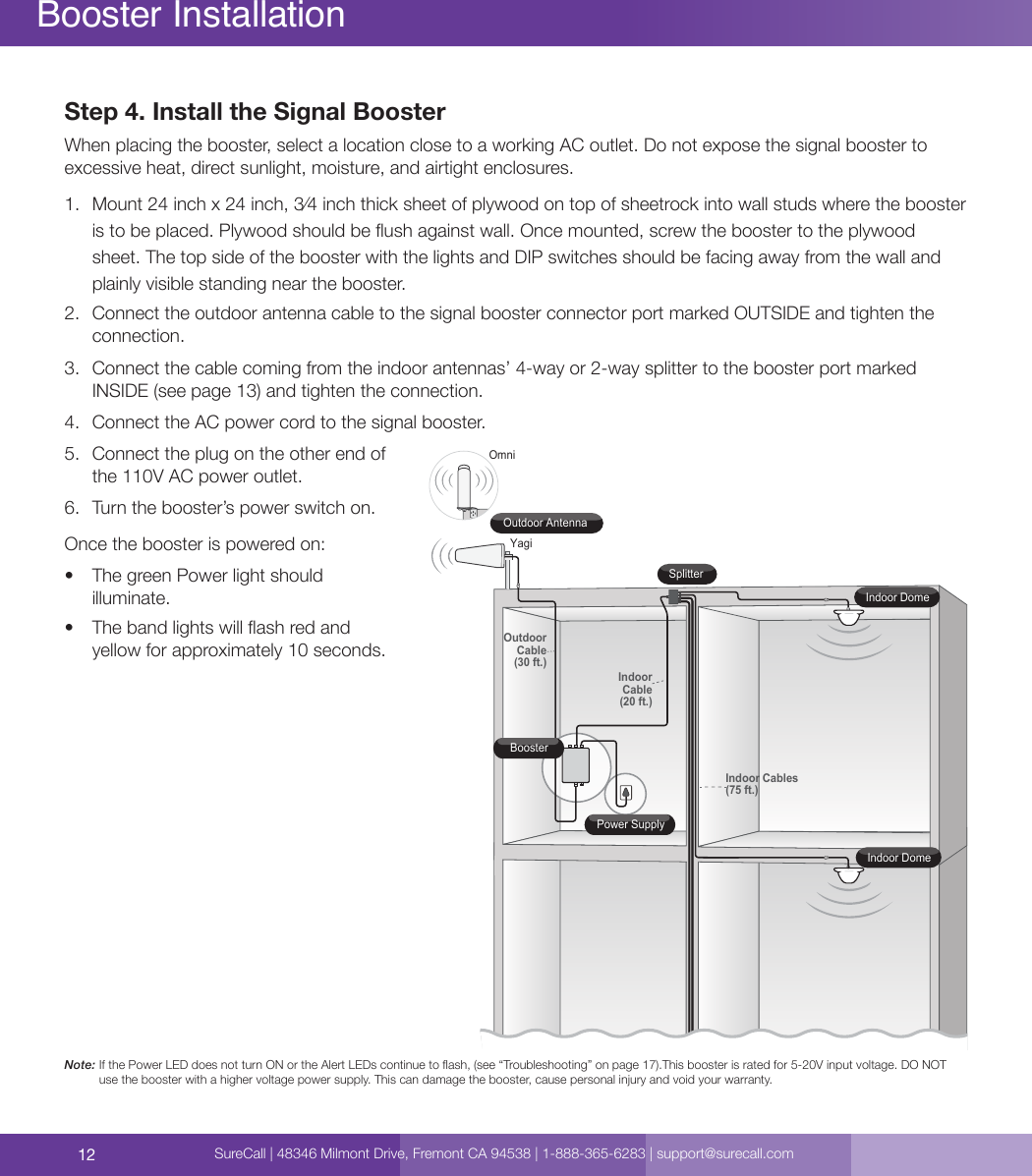12Booster InstallationStep 4. Install the Signal BoosterWhen placing the booster, select a location close to a working AC outlet. Do not expose the signal booster to excessive heat, direct sunlight, moisture, and airtight enclosures.1.  Mount 24 inch x 24 inch, 3⁄4 inch thick sheet of plywood on top of sheetrock into wall studs where the booster is to be placed. Plywood should be ush against wall. Once mounted, screw the booster to the plywood sheet. The top side of the booster with the lights and DIP switches should be facing away from the wall and plainly visible standing near the booster.2.  Connect the outdoor antenna cable to the signal booster connector port marked OUTSIDE and tighten the connection.3.  Connect the cable coming from the indoor antennas’ 4-way or 2-way splitter to the booster port marked INSIDE (see page 13) and tighten the connection.4.  Connect the AC power cord to the signal booster.5.  Connect the plug on the other end of the 110V AC power outlet.6.  Turn the booster’s power switch on.Once the booster is powered on:•  The green Power light should illuminate.•  The band lights will ash red and yellow for approximately 10 seconds.Note:     If the Power LED does not turn ON or the Alert LEDs continue to ash, (see “Troubleshooting” on page 17).This booster is rated for 5-20V input voltage. DO NOT use the booster with a higher voltage power supply. This can damage the booster, cause personal injury and void your warranty. Indoor Cables(75 ft.)OutdoorCable(30 ft.)IndoorCable(20 ft.)SplitterBoosterPower SupplyIndoor DomeIndoor DomeOmniOutdoor AntennaYagiSureCall | 48346 Milmont Drive, Fremont CA 94538 | 1-888-365-6283 | support@surecall.com
