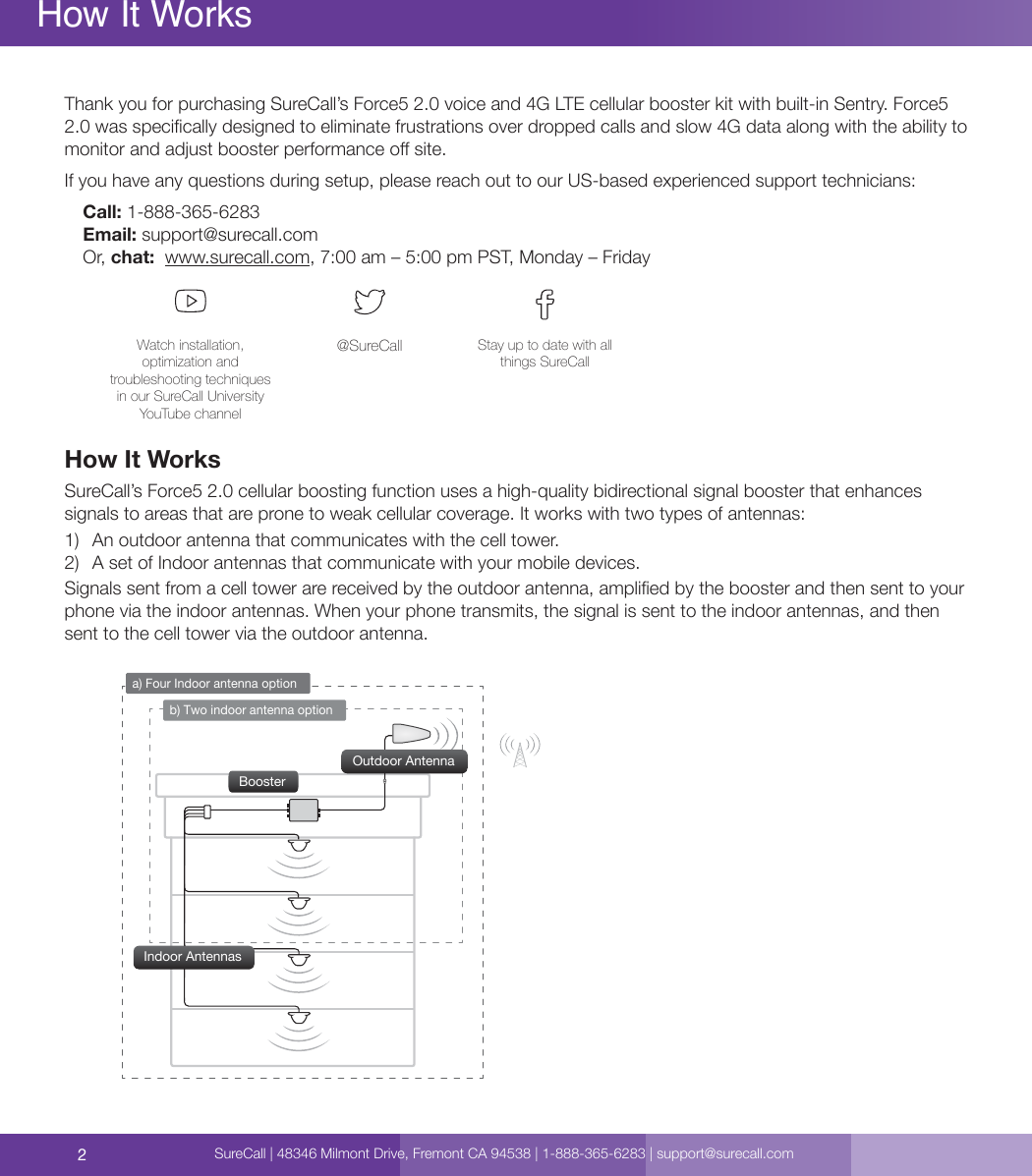 2Thank you for purchasing SureCall’s Force5 2.0 voice and 4G LTE cellular booster kit with built-in Sentry. Force5 2.0 was specically designed to eliminate frustrations over dropped calls and slow 4G data along with the ability to monitor and adjust booster performance o site.If you have any questions during setup, please reach out to our US-based experienced support technicians:Call: 1-888-365-6283 Email: support@surecall.comOr, chat:  www.surecall.com, 7:00 am – 5:00 pm PST, Monday – FridayWatch installation, optimization and troubleshooting techniques in our SureCall University YouTube channel@SureCall Stay up to date with all things SureCallHow It WorksSureCall’s Force5 2.0 cellular boosting function uses a high-quality bidirectional signal booster that enhances signals to areas that are prone to weak cellular coverage. It works with two types of antennas: 1)  An outdoor antenna that communicates with the cell tower.2)  A set of Indoor antennas that communicate with your mobile devices.Signals sent from a cell tower are received by the outdoor antenna, amplied by the booster and then sent to your phone via the indoor antennas. When your phone transmits, the signal is sent to the indoor antennas, and then sent to the cell tower via the outdoor antenna.How It Worksb) Two indoor antenna optiona) Four Indoor antenna optionBoosterOutdoor AntennaIndoor AntennasSureCall | 48346 Milmont Drive, Fremont CA 94538 | 1-888-365-6283 | support@surecall.com