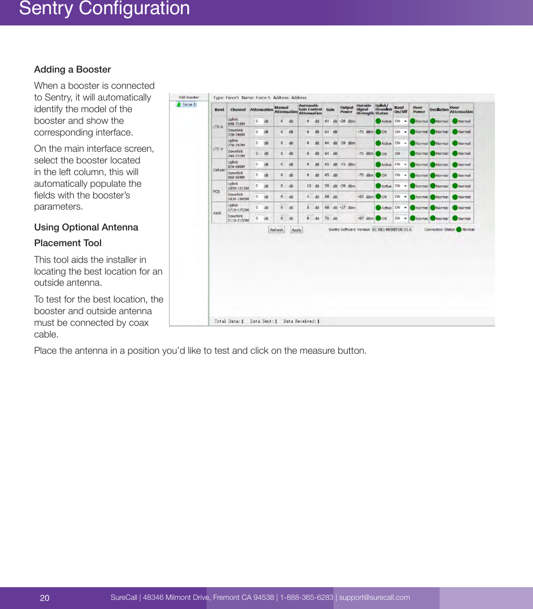 20Sentry CongurationAdding a BoosterWhen a booster is connected to Sentry, it will automatically identify the model of the booster and show the corresponding interface.On the main interface screen, select the booster located in the left column, this will automatically populate the elds with the booster’s parameters.Using Optional Antenna Placement ToolThis tool aids the installer in locating the best location for an outside antenna.To test for the best location, the booster and outside antenna must be connected by coax cable. Place the antenna in a position you’d like to test and click on the measure button.SureCall | 48346 Milmont Drive, Fremont CA 94538 | 1-888-365-6283 | support@surecall.com