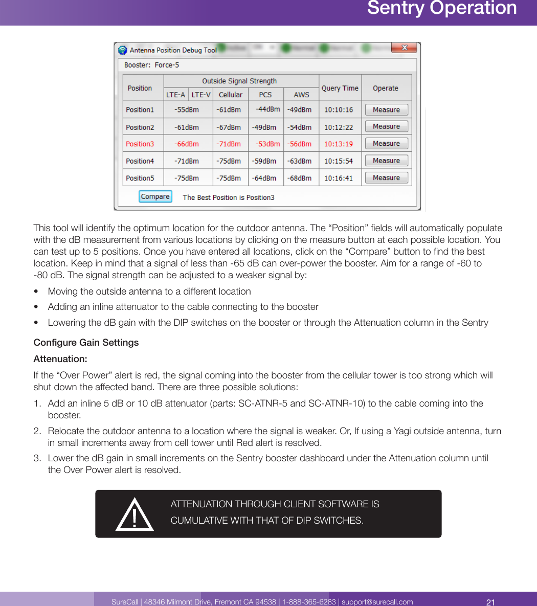 21SureCall | 48346 Milmont Drive, Fremont CA 94538 | 1-888-365-6283 | support@surecall.comThis tool will identify the optimum location for the outdoor antenna. The “Position” elds will automatically populate with the dB measurement from various locations by clicking on the measure button at each possible location. You can test up to 5 positions. Once you have entered all locations, click on the “Compare” button to nd the best location. Keep in mind that a signal of less than -65 dB can over-power the booster. Aim for a range of -60 to -80 dB. The signal strength can be adjusted to a weaker signal by:•  Moving the outside antenna to a dierent location•  Adding an inline attenuator to the cable connecting to the booster•  Lowering the dB gain with the DIP switches on the booster or through the Attenuation column in the SentryCongure Gain SettingsAttenuation:If the “Over Power” alert is red, the signal coming into the booster from the cellular tower is too strong which will shut down the aected band. There are three possible solutions:1.  Add an inline 5 dB or 10 dB attenuator (parts: SC-ATNR-5 and SC-ATNR-10) to the cable coming into the booster.2.  Relocate the outdoor antenna to a location where the signal is weaker. Or, If using a Yagi outside antenna, turn in small increments away from cell tower until Red alert is resolved.3.  Lower the dB gain in small increments on the Sentry booster dashboard under the Attenuation column until the Over Power alert is resolved.ATTENUATION THROUGH CLIENT SOFTWARE IS CUMULATIVE WITH THAT OF DIP SWITCHES. Sentry Operation