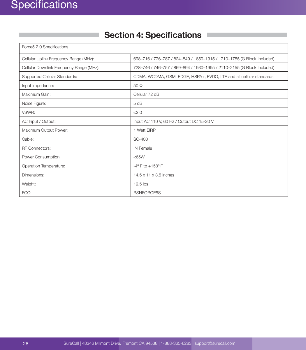 26Specications Kitting InformationSureCall | 48346 Milmont Drive, Fremont CA 94538 | 1-888-365-6283 | support@surecall.comSection 4: SpecicationsForce5 2.0 SpecicationsCellular Uplink Frequency Range (MHz): 698–716 / 776–787 / 824–849 / 1850–1915 / 1710–1755 (G Block Included)Cellular Downlink Frequency Range (MHz): 728–746 / 746–757 / 869–894 / 1930–1995 / 2110–2155 (G Block Included)Supported Cellular Standards: CDMA, WCDMA, GSM, EDGE, HSPA+, EVDO, LTE and all cellular standardsInput Impedance: 50 Ω Maximum Gain: Cellular 72 dB Noise Figure: 5 dBVSWR: ≤2.0AC Input / Output: Input AC 110 V, 60 Hz / Output DC 15-20 VMaximum Output Power: 1 Watt EIRPCable: SC-400 RF Connectors:  N FemalePower Consumption: &lt;65WOperation Temperature: -4º F to +158º FDimensions: 14.5 x 11 x 3.5 inchesWeight: 19.5 lbsFCC: RSNFORCE5S