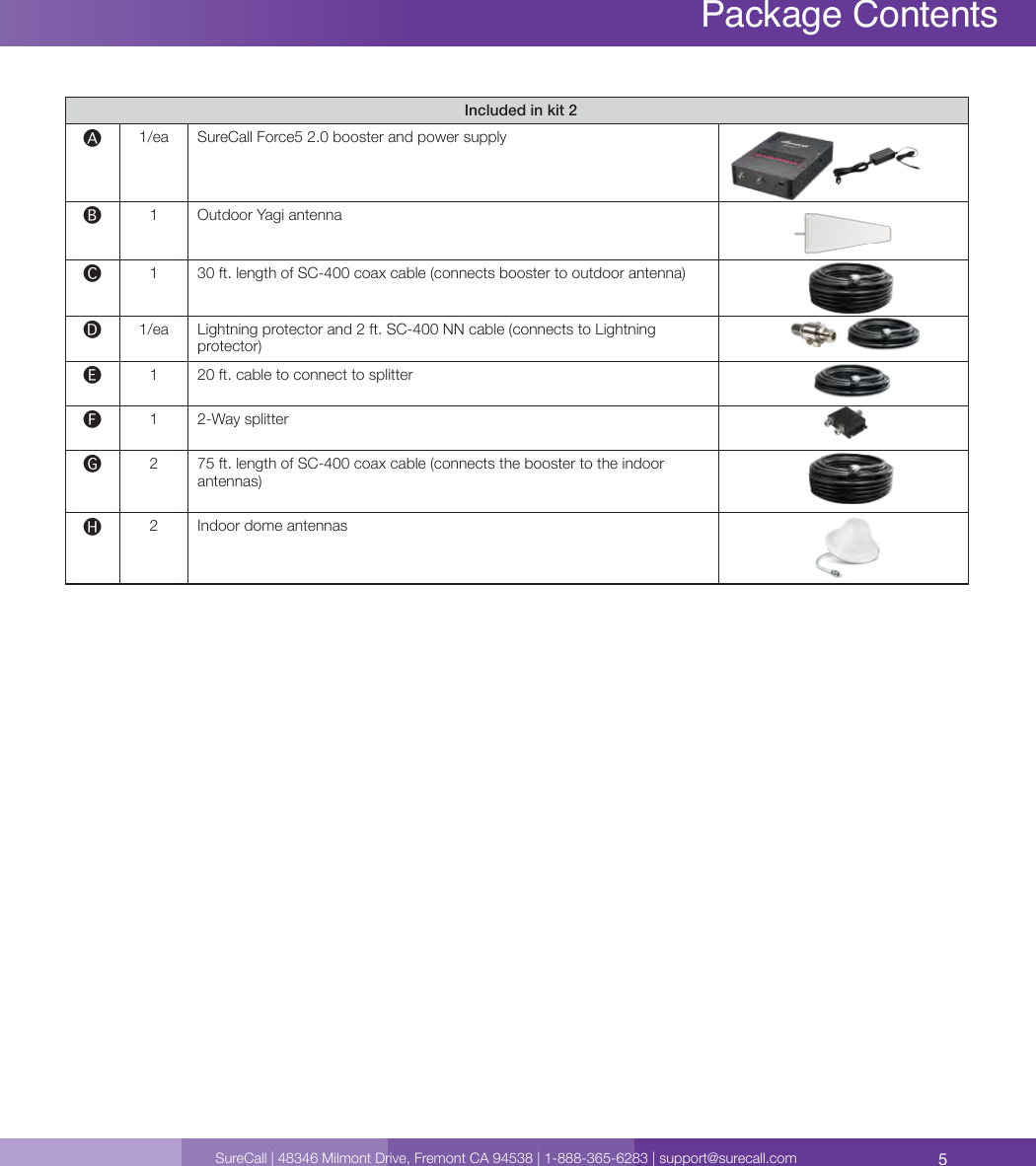 5SureCall | 48346 Milmont Drive, Fremont CA 94538 | 1-888-365-6283 | support@surecall.comPackage ContentsIncluded in kit 2🅐1/ea SureCall Force5 2.0 booster and power supply🅑1 Outdoor Yagi antenna🅒1 30 ft. length of SC-400 coax cable (connects booster to outdoor antenna) 🅓1/ea Lightning protector and 2 ft. SC-400 NN cable (connects to Lightning protector) 🅔1 20 ft. cable to connect to splitter🅕1 2-Way splitter 🅖2 75 ft. length of SC-400 coax cable (connects the booster to the indoor antennas) 🅗2Indoor dome antennas