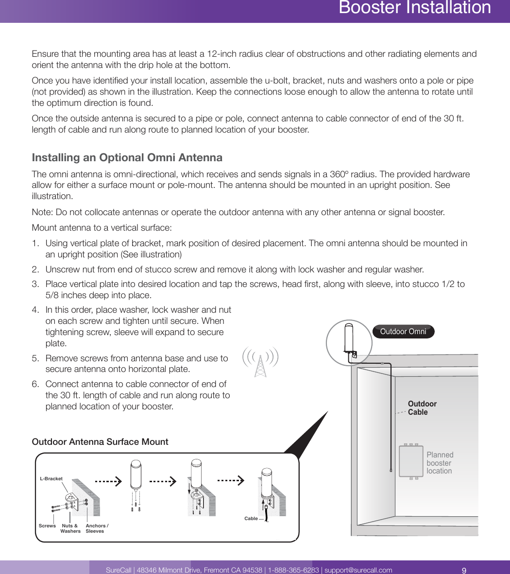 9SureCall | 48346 Milmont Drive, Fremont CA 94538 | 1-888-365-6283 | support@surecall.comBooster InstallationOutdoor OmniPlanned booster locationOutdoorCableOutdoor Antenna Surface MountNuts &amp; WashersL-BracketCableAnchors /Sleeves ScrewsEnsure that the mounting area has at least a 12-inch radius clear of obstructions and other radiating elements and orient the antenna with the drip hole at the bottom. Once you have identied your install location, assemble the u-bolt, bracket, nuts and washers onto a pole or pipe (not provided) as shown in the illustration. Keep the connections loose enough to allow the antenna to rotate until the optimum direction is found. Once the outside antenna is secured to a pipe or pole, connect antenna to cable connector of end of the 30 ft. length of cable and run along route to planned location of your booster.Installing an Optional Omni AntennaThe omni antenna is omni-directional, which receives and sends signals in a 360º radius. The provided hardware allow for either a surface mount or pole-mount. The antenna should be mounted in an upright position. See illustration.Note: Do not collocate antennas or operate the outdoor antenna with any other antenna or signal booster.Mount antenna to a vertical surface: 1.  Using vertical plate of bracket, mark position of desired placement. The omni antenna should be mounted in an upright position (See illustration) 2.  Unscrew nut from end of stucco screw and remove it along with lock washer and regular washer.3.  Place vertical plate into desired location and tap the screws, head rst, along with sleeve, into stucco 1/2 to 5/8 inches deep into place.4.  In this order, place washer, lock washer and nut on each screw and tighten until secure. When tightening screw, sleeve will expand to secure plate.5.  Remove screws from antenna base and use to secure antenna onto horizontal plate.6.  Connect antenna to cable connector of end of the 30 ft. length of cable and run along route to planned location of your booster.