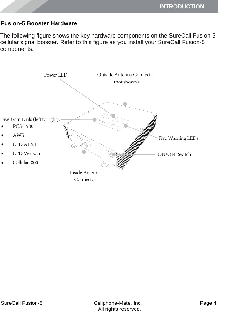 INTRODUCTION      SureCall Fusion-5  Cellphone-Mate, Inc.   Page 4           All rights reserved. Fusion-5 Booster Hardware The following figure shows the key hardware components on the SureCall Fusion-5 cellular signal booster. Refer to this figure as you install your SureCall Fusion-5 components.      Five Warning LEDs Outside Antenna Connector (not shown) Inside Antenna Connector Five Gain Dials (left to right): •PCS-1900 •AWS •LTE-AT&amp;T •LTE-Verizon •Cellular-800 Power LED ON/OFF Switch 