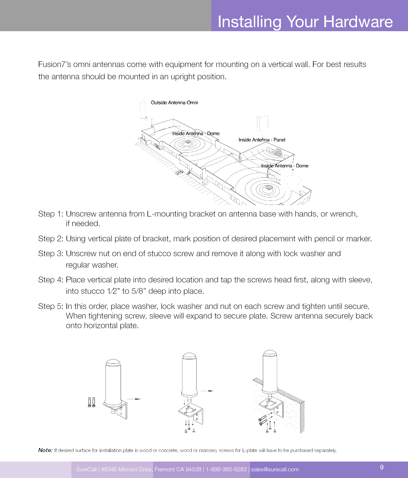 SureCall | 48346 Milmont Drive, Fremont CA 94538 | 1-888-365-6283 | sales@surecall.com 9Fusion7’s omni antennas come with equipment for mounting on a vertical wall. For best results the antenna should be mounted in an upright position.Step 1:  Unscrew antenna from L-mounting bracket on antenna base with hands, or wrench,  if needed.Step 2:  Using vertical plate of bracket, mark position of desired placement with pencil or marker.Step 3:  Unscrew nut on end of stucco screw and remove it along with lock washer and  regular washer.Step 4:  Place vertical plate into desired location and tap the screws head rst, along with sleeve, into stucco 1⁄2” to 5/8” deep into place.Step 5:  In this order, place washer, lock washer and nut on each screw and tighten until secure. When tightening screw, sleeve will expand to secure plate. Screw antenna securely back onto horizontal plate.Installing Your HardwareNote: If desired surface for installation plate is wood or concrete, wood or masonry screws for L-plate will have to be purchased separately.